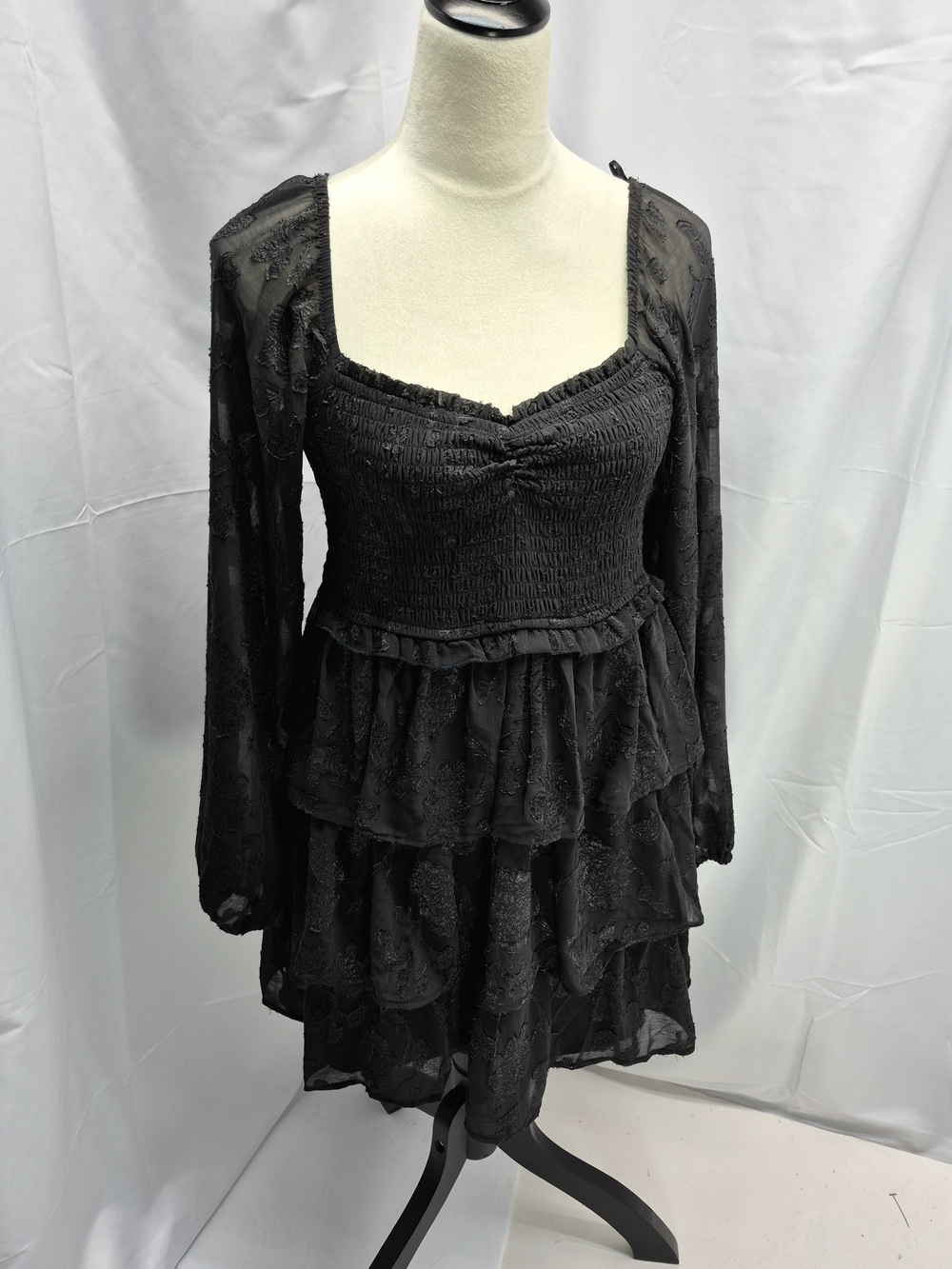 Allison & Kelly Evolutionary Black Sheer Floral Burnout Tiered Babydoll Dress